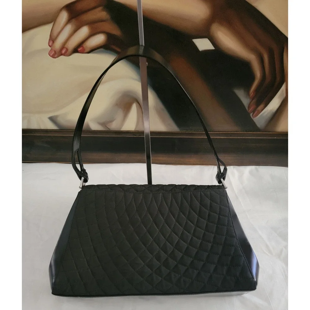 Bally Blk Quilt Nylon Leather Trim‎ Shoulder Bag Silver Hardware Handbag vintage